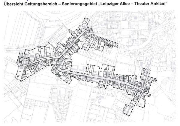 Bild vergr&ouml;&szlig;ern: Amtliche Bekanntmachung - Beschluss Einleitung vorbereitender Untersuchungen Sanierungsgebiet Leipziger Allee - Theater Anklam, &Uuml;bersichtsplan